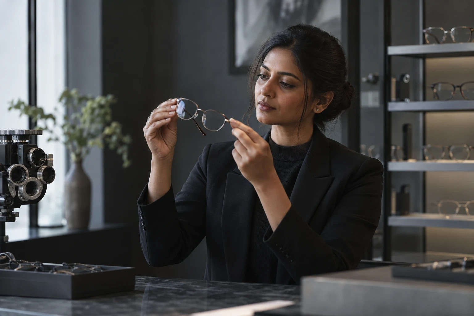 Illustrative optical professional carefully inspecting a pair of glasses